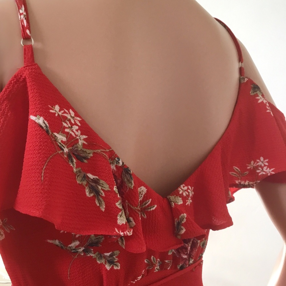 Off Shoulder Floral Wrap Butterfly Red Midi Dress - Picture 8 of 9